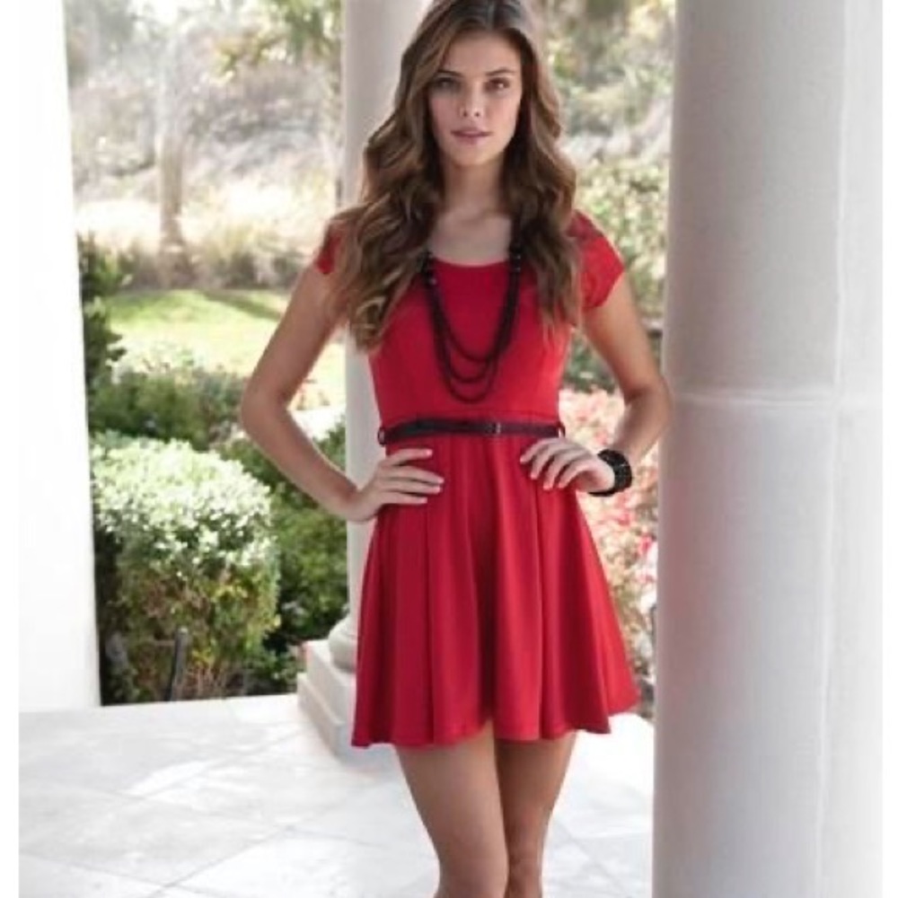 Red dress with skinny black belt